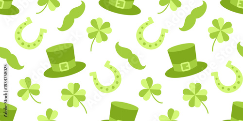 Seamless pattern with shamrock, leprechaun hat, horseshoe and mustache. Irish lucky symbols background for St. Patrick holiday, wallpaper, festive wrapping, print, fabric, textile design. Flat vector.