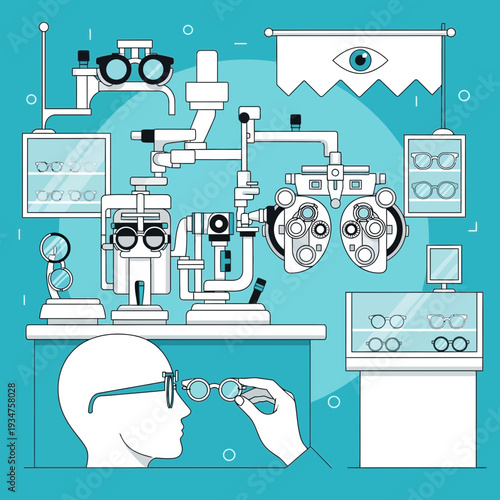 Illustration Of Optometrist Equipment Showing Eye Exam And Eyeglasses With Medical Theme