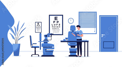 Illustration Of Optometrist Assessing Patient Vision In Clinic For Eye Care
