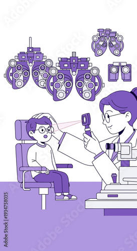 Illustration Of Optometrist Conducting Eye Examination On A Young Patient Using Specialized Tools