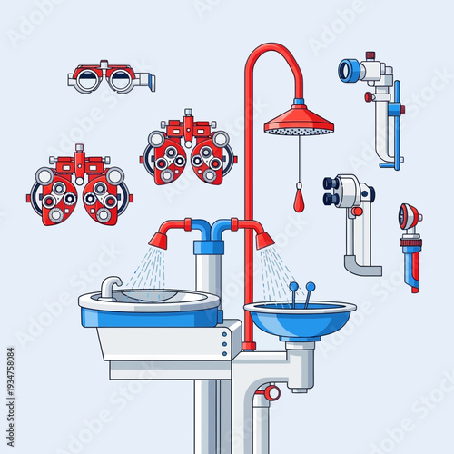 Illustration Of Ophthalmic Equipment And Eye Wash Station For Medical Treatment And Eye Care