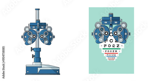 Illustration Of Ophthalmic Equipment And Eye Chart Used For Visual Acuity Tests