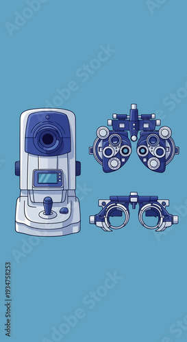 Illustration Of Optometry Equipment For Eye Exams And Vision Testing On Blue Backdrop