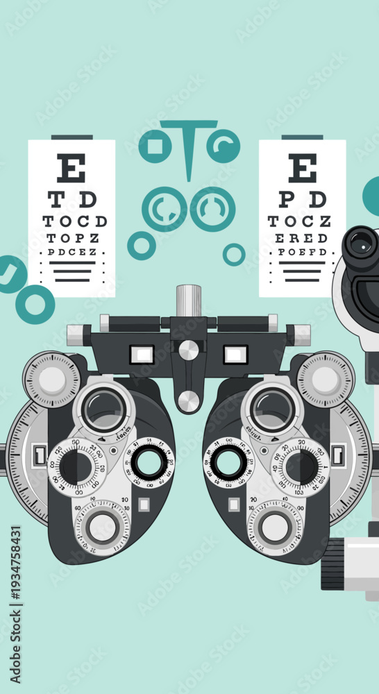 Fototapeta premium Illustration Of Optometry Equipment Showing Eye Chart And Detailed Refraction Device For Diagnosis