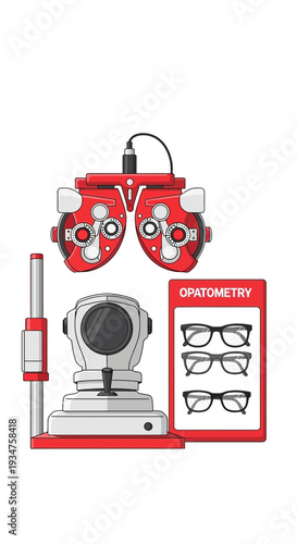 Illustration Of Optometry Equipment Showing Eyeglasses And Vision Testing Instruments Clearly