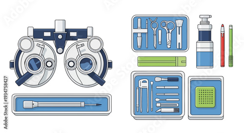 Illustration Of Ophthalmic Tools And Equipment Used For Eye Examinations and Vision Testing