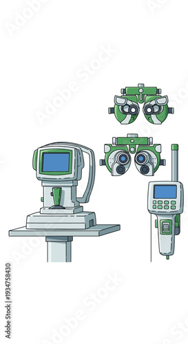 Illustration Of Optometry Equipment Showing Modern Visual Acuity Diagnostics Instruments And Tools