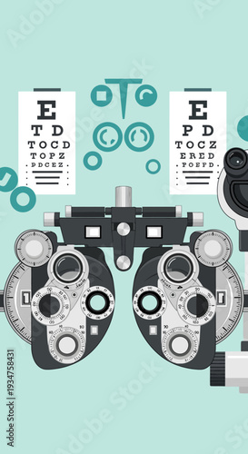 Illustration Of Optometry Equipment Showing Eye Chart And Detailed Refraction Device For Diagnosis