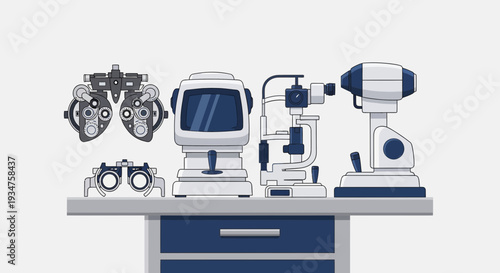 Illustration Of Optometry Equipment Showing An Eye Exam, Vision Testing, And Healthcare