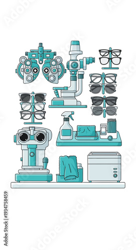 Illustration Of Optometry Instruments and Eyeglasses Displayed on a White Background