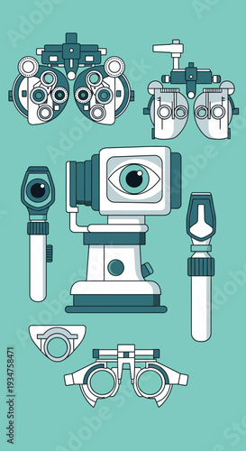 Illustration Of Optometry Instruments: Depicting Diagnostic Tools For Vision Examination and Care