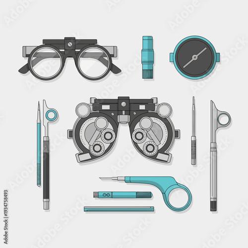 Illustration Of Optometry Instruments, Spectacles, And Ophthalmic Tools For Vision Care And Eye