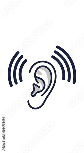 Illustration Of The Human Ear With Sound Waves For Hearing, Auditory Perception And Listening