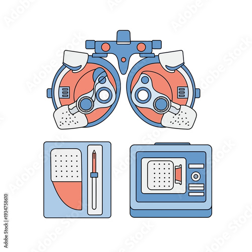 Illustration Of Optometry Tools, Eye Examination Equipment, Vision Testing, And Eye Care Instruments