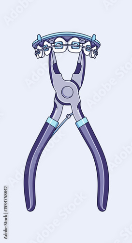 Illustration Of Orthodontic Pliers Holding Dental Braces, Medical Tool For Straightening Teeth