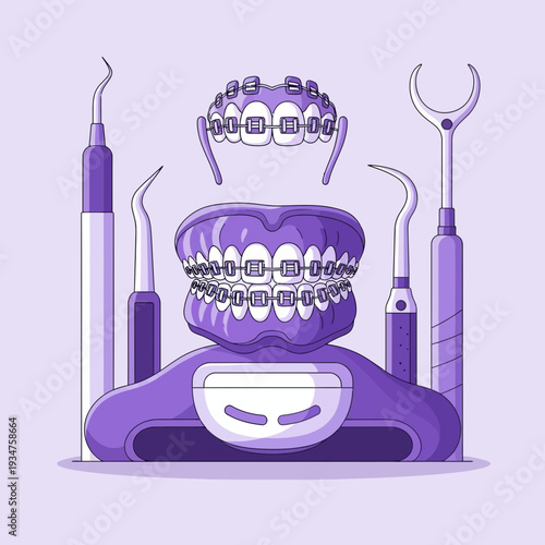 Illustration Of Orthodontic Tools and Braces Depicting Dental Care and Cosmetic Dentistry