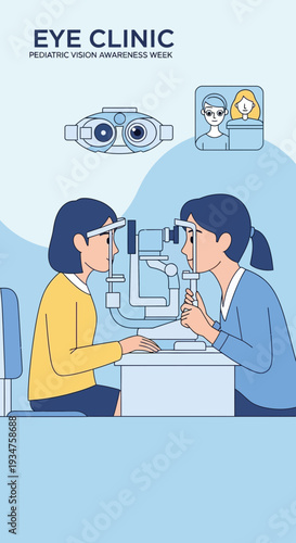 Illustration Of Pediatric Vision Examination In A Modern Eye Clinic Setting For Awareness Campaigns