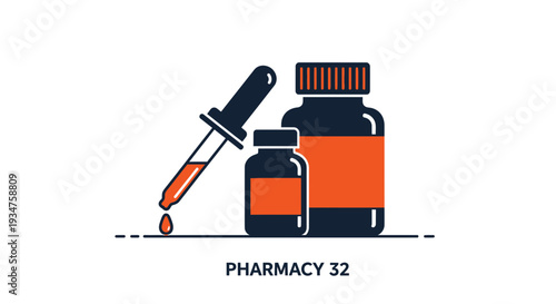 Illustration Of Pharmacy, Bottles And Dropper In Minimalist Style Vector Graphics