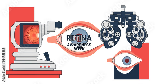 Illustration Of Retina Awareness Week Displaying Eye Examination Instruments And Anatomy