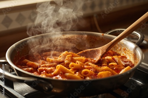 Wallpaper Mural Creamy tomato pasta cooking in stainless pan stirred with wooden spoon under warm light Torontodigital.ca