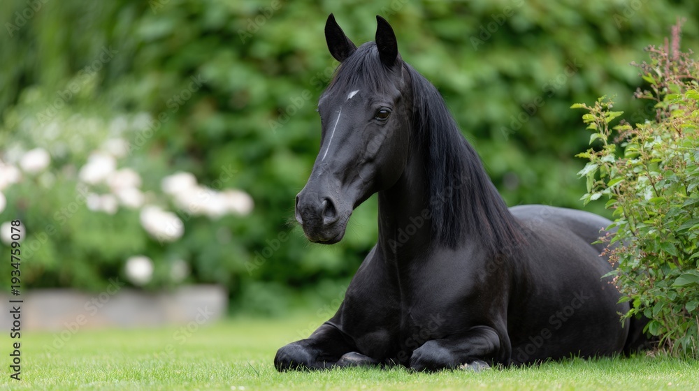 Fototapeta premium Majestic black horse resting on green lawn in serene natural setting