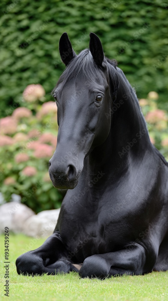 Obraz premium Sleek black horse lying on grass with greenery in background