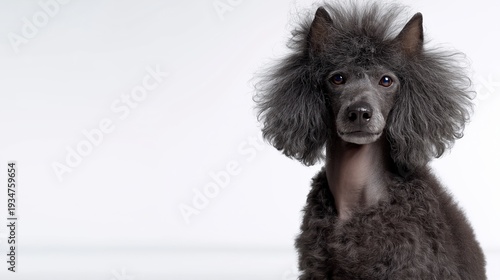 Elegant black poodle with curly fur against white background