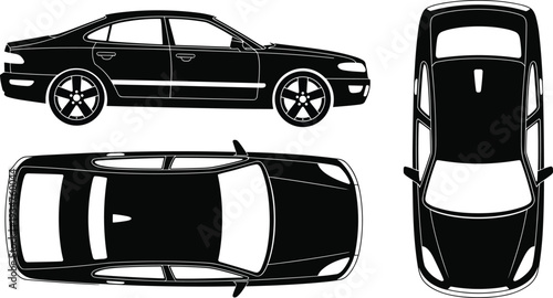 Black sedan car vector illustration set showing side, top and front views, isolated on white background for automotive design template