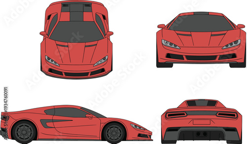 Red luxury supercar vector illustration with front, side and rear views isolated on white background for automotive branding design