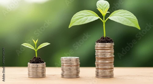 Gradual growth shown by plants on rising coin stacks against a green blurred background