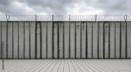 A tall, concrete wall topped with razor wire stands beneath a cloudy sky, on a tiled floor