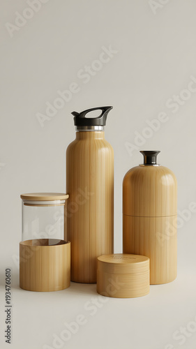 Bamboo kitchen utensils and containers for food and drink