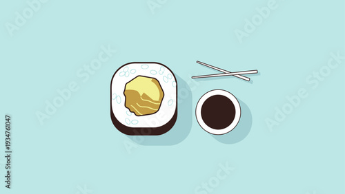 Sushi roll with chopsticks and soy sauce on a blue background.