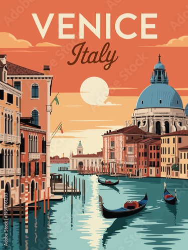 Venice Italy Poster, canal view with Santa Maria della Salute church and bold white and brown typography vintage wall art