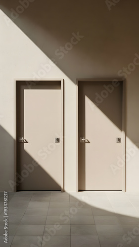 two beige doors with silver handles in modern interior