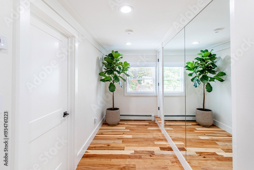 Photography Modern minimalist hallway interior with hardwood floor, mirrored closet doors an