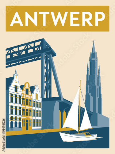 Antwerp Wall Art Print, retro-inspired Belgian city poster featuring waterfront, steel structures, and white typography