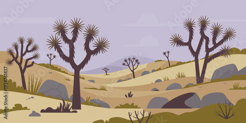 Desert Hills Wall Art, stylized spiky trees on light purple-gray sky with tan and beige terrain vintage illustration