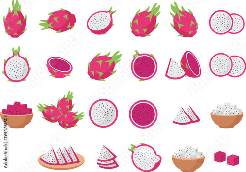 Dragon fruit collection with whole sliced diced and bowl serving tropical pitaya vector set