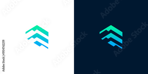 Abstract geometric logo design featuring stacked ascending bars in a gradient of green and blue on white and dark backgrounds