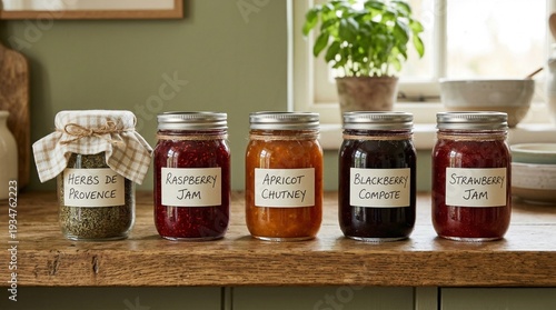Assortment of homemade jams and preserves in glass jars on a wooden shelf, rustic kitchen or gourmet food shop