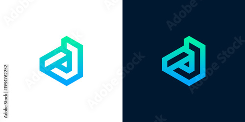 Modern Abstract Geometric Logo Design with Blue and Green Gradient on White and Dark Backgrounds