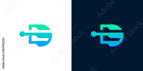 Modern abstract letter D logo design with digital circuits and network connection elements, perfect for technology and innovation companies