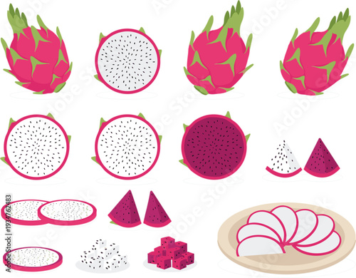 Dragon fruit whole half and sliced pieces with diced cubes tropical pitaya illustration set