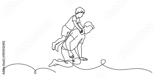 Father and Child Playing in One Line Drawing piggyback