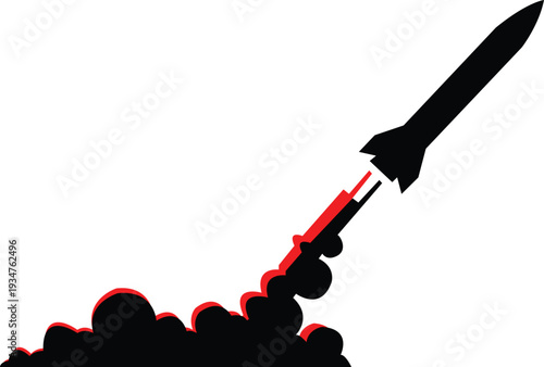Bold graphic of a launching missile with fiery exhaust, representing progress and technological power