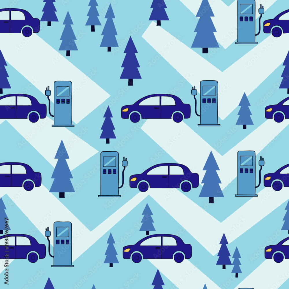 Naklejka premium Seamless pattern depicting blue cars at gas stations surrounded by stylized pine trees on a zigzag background, symbolizing winter travel and fuel energy.