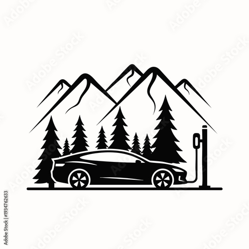 Electric car charging in a picturesque mountain landscape with pine trees, symbolizing sustainable travel, eco-friendly transportation, and green energy infrastructure in nature.