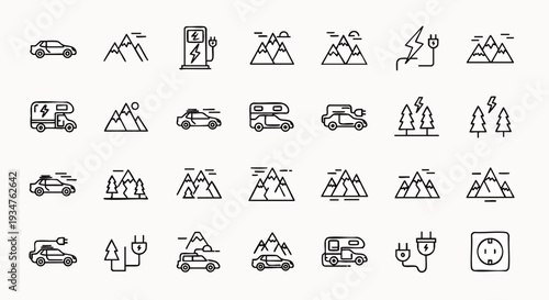 Electric vehicle and nature line icons set. Sustainable travel, eco-friendly transportation, mountain landscapes, charging station, and power symbols.