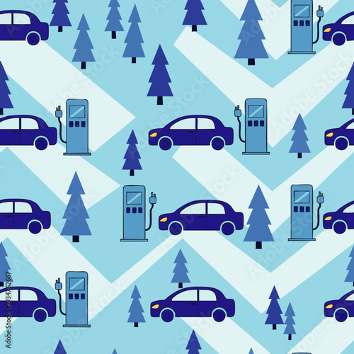 Seamless pattern depicting blue cars at gas stations surrounded by stylized pine trees on a zigzag background, symbolizing winter travel and fuel energy.